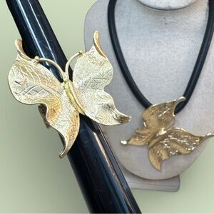 Gold Butterfly Pendant Necklace on Silicone Neck with Matching Stretch Ring